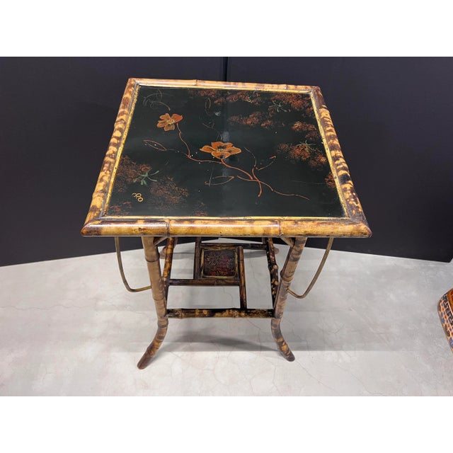 English Mid Century Vintage Two Tiered Tortoise Bamboo Table With Lacquer Top and Additional Vertical Corner Pieces For Sale - Image 3 of 7