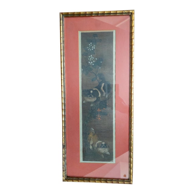 19th Century or Earlier Chinese Silk Scroll Painting With Pekingese Dogs For Sale