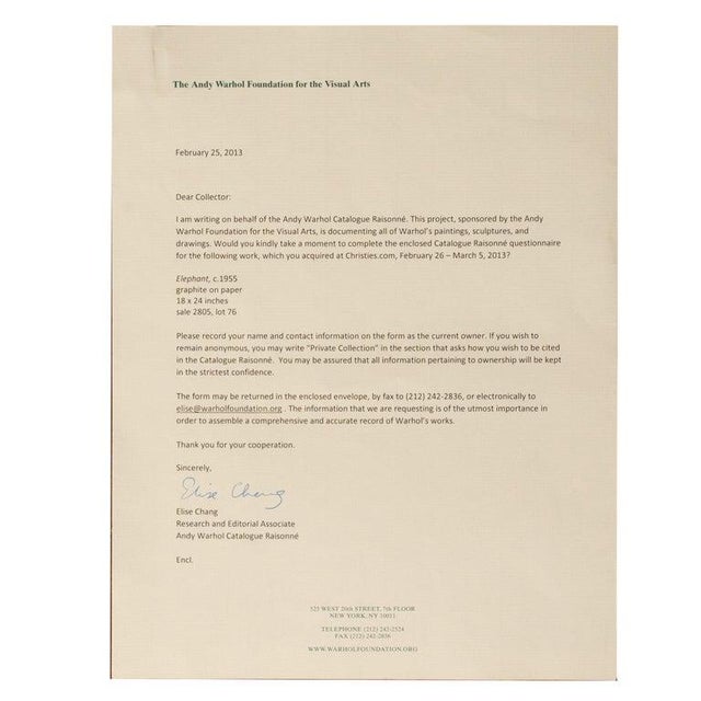 Rare Original Abstract Elephant Graphite Drawing Catalogue Raisonné Ex-Christies by Andy Warhol, 1955 For Sale In Portland, OR - Image 6 of 8