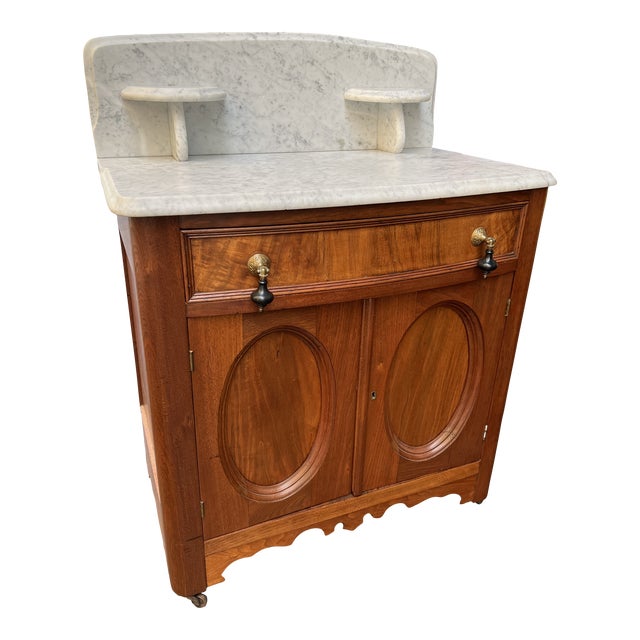 Late 19th Century Antique Victorian Marble Top Wash Stand With Burl