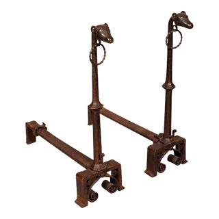 Pair of Wrought Iron Dog Head Andirons For Sale