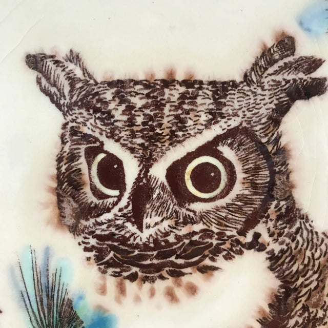 Ceramic Mid-Century Hand Decorated Framed Owls Tile Panel For Sale - Image 7 of 8