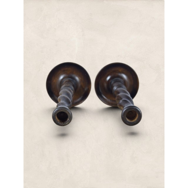 1910s Antique English Oak Barley Twist Large Candlesticks For Sale - Image 5 of 6