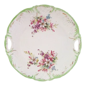 Mid-Century Hand-Painted Floral Porcelain Handled Serving Plate