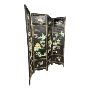 Mid 20th Century Four Panel Asian Room Divider Floor Screen With Mother of Pearl