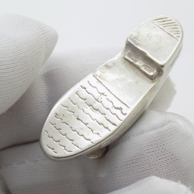 Metal Vintage Italian Handmade Silver Shoe With Ribbon Dollhouse Miniature Collectible For Sale - Image 7 of 10