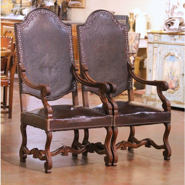 Late 19th Century Pair of 19th Century French Louis XIII Walnut Armchairs With Embossed Leather For Sale - Image 5 of 14