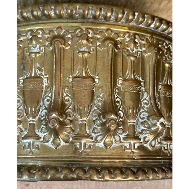Art Nouveau Antique French Revival Repoussé Brass Jardinière Cachepot, Embossed Classical Urn Motif Planter C 1890–1915 For Sale - Image 3 of 11