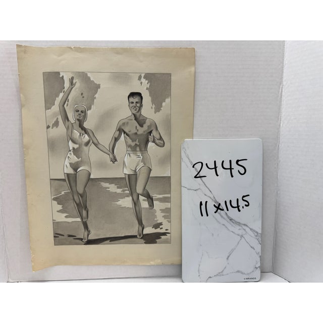 1940s Original Signed Graphite Illustration of Couple Running Along the Beach, 14.5 X 11 In. For Sale In Atlanta - Image 6 of 6