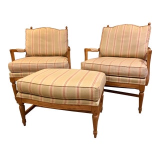 Modern Ethan Allen Bergere Chairs & Ottoman Set- 3 Pieces For Sale