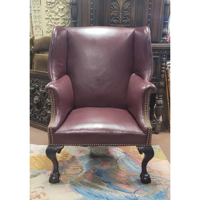 Antique Chippendale Leather Wing Chair For Sale In Philadelphia - Image 6 of 13