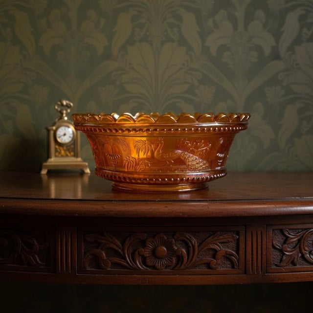 Antique Northwood Peacock at the Fountain Marigold Carnival Art Glass Berry Bowl For Sale - Image 6 of 11