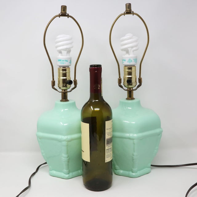 Vintage Mint Green Ceramic Table Lamps With Cream Shades - Pair For Sale - Image 11 of 11