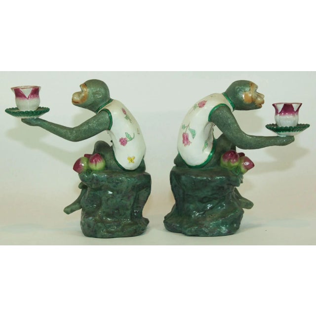 1970s Pair of Vintage Chinoiserie Monkey Lotus Candleholders, Painted Resin For Sale - Image 5 of 13