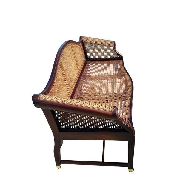 Brown Authenticated Antique Federal Mahogany Caned Settee Sofa, Circa 1800–1815 – Serpentine Back, Reeded Scroll Arms & Original Brass Casters For Sale - Image 8 of 18