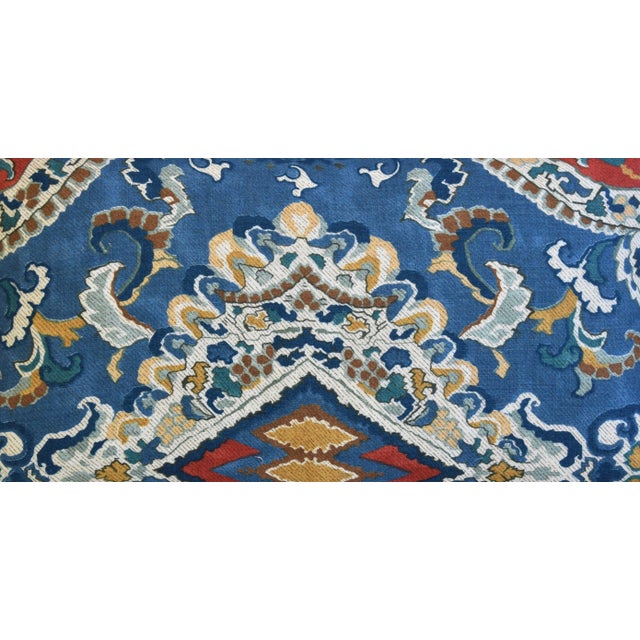 Custom-tailored pillow in Osborn & Little "Berber" printed cotton fabric by designer Victoria Waymouth depicting a carpet...