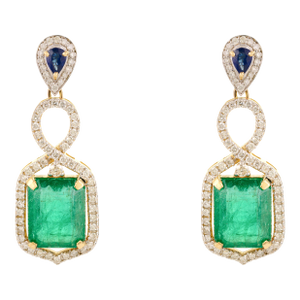 14k Gold Emerald Sapphire & Diamond Statement Earrings- A Pair