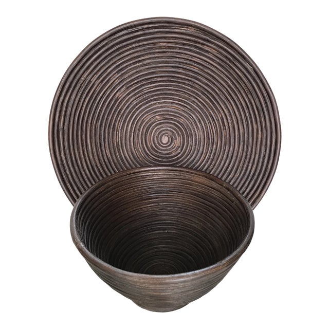 Vintage 1970s Coiled Bent Bamboo Pencil Reed Bowl & Plate - Pair For Sale