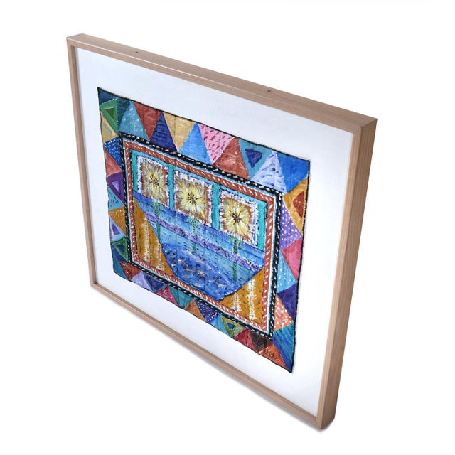 Contemporary Painted Quilted Textile Art on Canvas in Cerused Frame For Sale - Image 4 of 12
