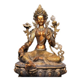 Late 19th Century Gilt Bronze Green Tara Statue, Tibetan Buddhist Figure, 1kg For Sale