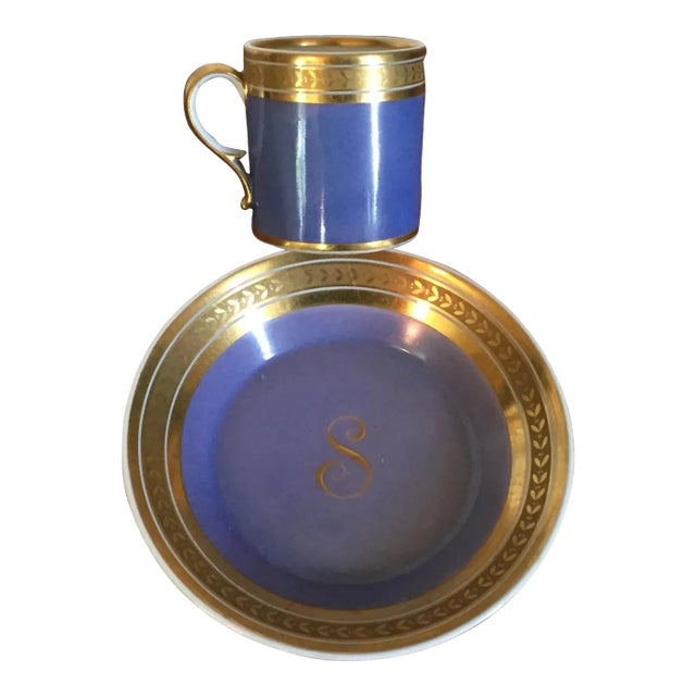 1800 - 1810 French Empire Porcelain Monogrammed "S" Coffee Can/Tea Cup & Saucer - 2 Pieces For Sale