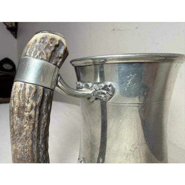 Vintage Handmade Polished Pewter Natural Stag Horn Glass Drinking Mug Stein Cup For Sale - Image 9 of 11