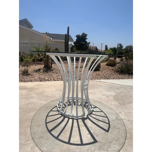 Vintage Mid Century Modern Restored White Glass Patio Wrought Iron Dining Table Attributed to Arthur Umanoff for Shaver Howard For Sale In Palm Springs - Image 6 of 7