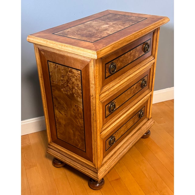 Wood Vintage Burl Wood Veneer Inlaid Three-Drawer Chest With Bun Feet For Sale - Image 7 of 10
