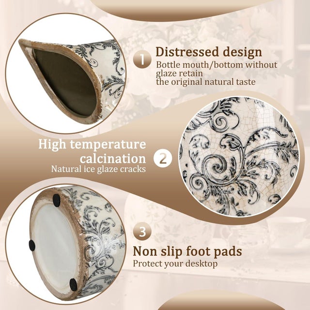 Add timeless charm to your home with this vintage ceramic vase featuring elegant handles and a rustic cracked glaze...