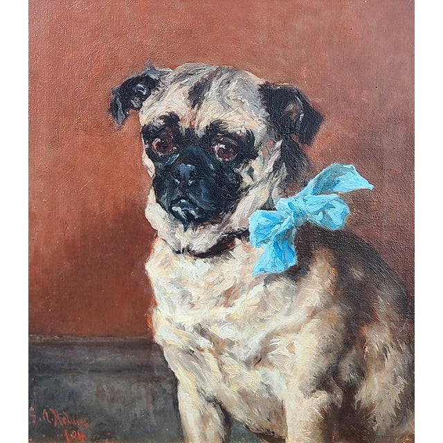 Charming early 1900's oil painting of a pug in a blue bow. Original and one of a kind. Oil on canvas. English school....