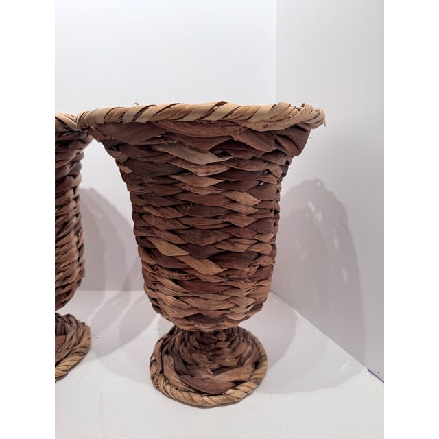 Vintage Pair Woven Wicker Urn Style Pedestal Vases For Sale - Image 11 of 12