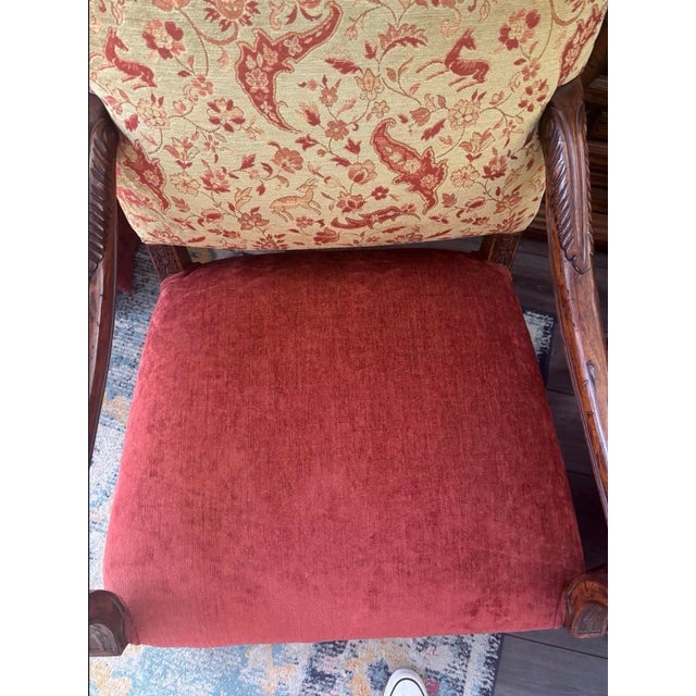Pair of Vintage Baroque Style Carved Wood Armchairs With Floral Upholstery & Rust Seats For Sale - Image 9 of 12