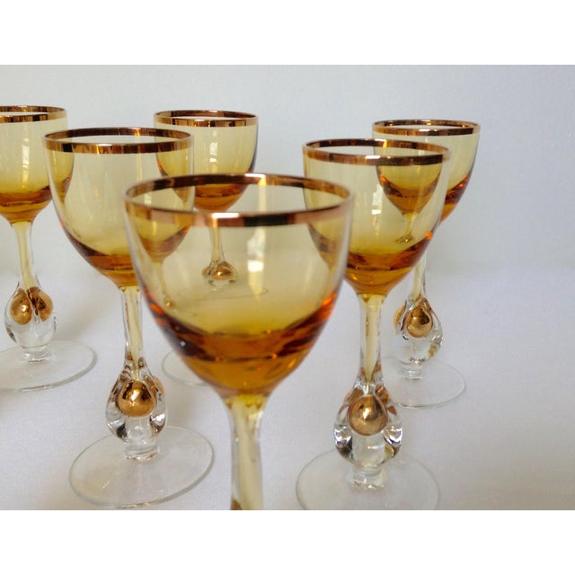 1960s Italian Handblown Amber & Gilt Gold Crystal Cordial Glasses Set