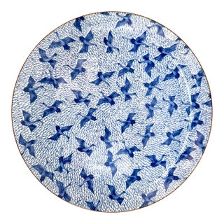 1970s Japanese Porcelain Serving Plate With Blue Crane Design For Sale