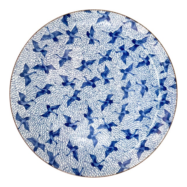 1970s Japanese Porcelain Serving Plate With Blue Crane Design For Sale