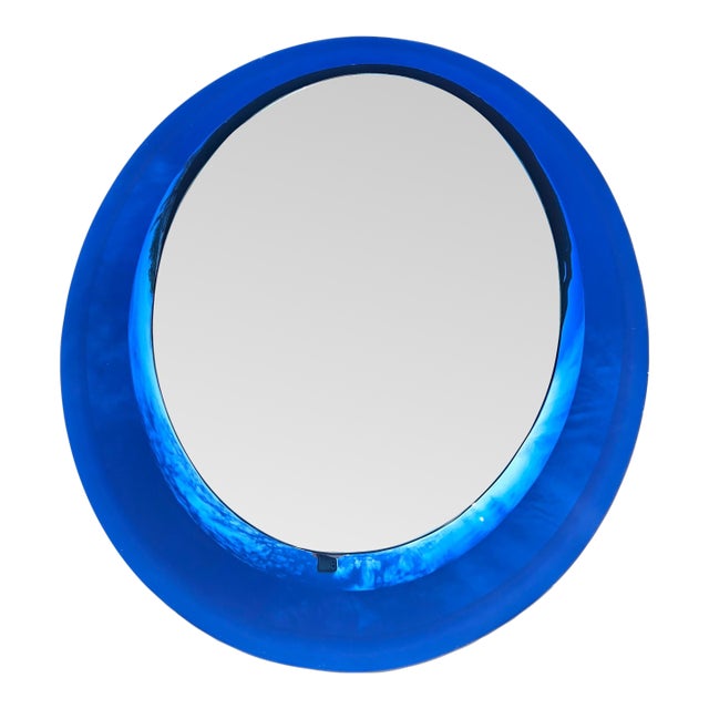 Mid-Century Modern Mid 20th Century Rare Cristal Arte Italian Dual-Tone Mirror – Clear Beveled Oval With Blue Mirrored Border For Sale - Image 3 of 14