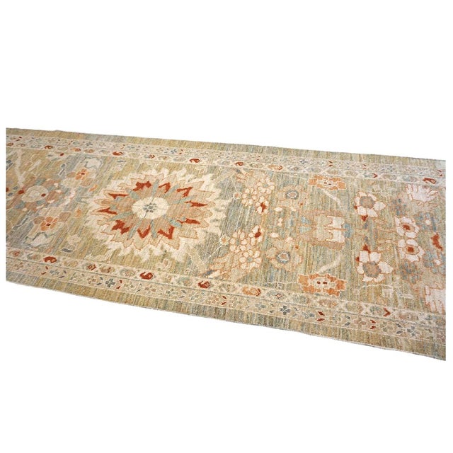 Persian Sultanabad Wool 3x12 Khaki, Slate, & Rust Handmade Runner Rug #1142113 For Sale - Image 4 of 13