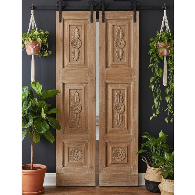 Mid-Century Modern Antique Hand-Carved Floral French Doors in Distressed Wood – Sliding or Hinged 80 For Sale - Image 3 of 3