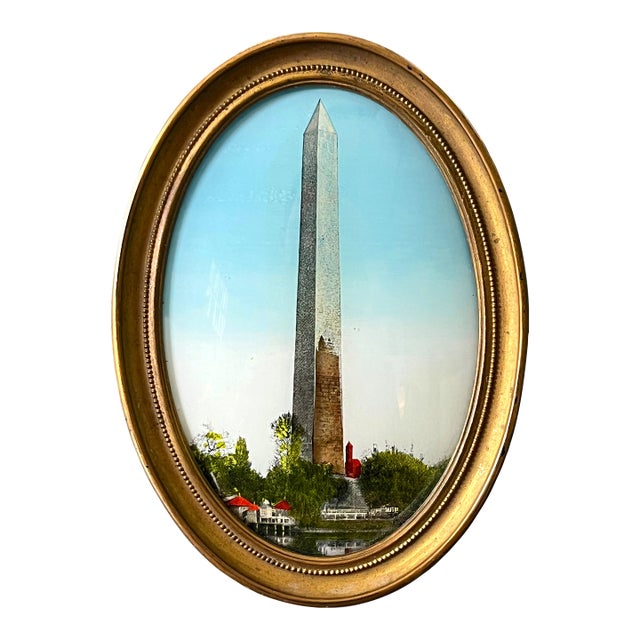 Antique Reverse-Painted Washington Monument Glass Plaque in Oval Brass Frame, Circa 1900 For Sale