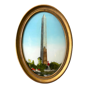 Antique Reverse-Painted Washington Monument Glass Plaque in Oval Brass Frame, Circa 1900