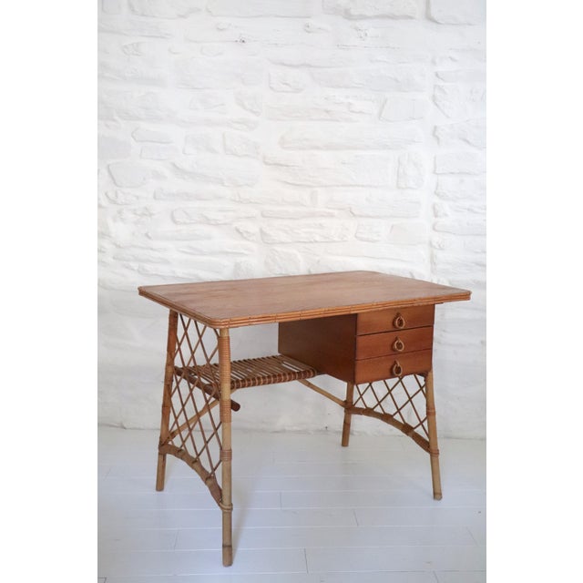 Mid-Century Modern Vintage Desk and Chair in Wicker by Louis Sognot, 1950s, Set of 2 For Sale - Image 3 of 15