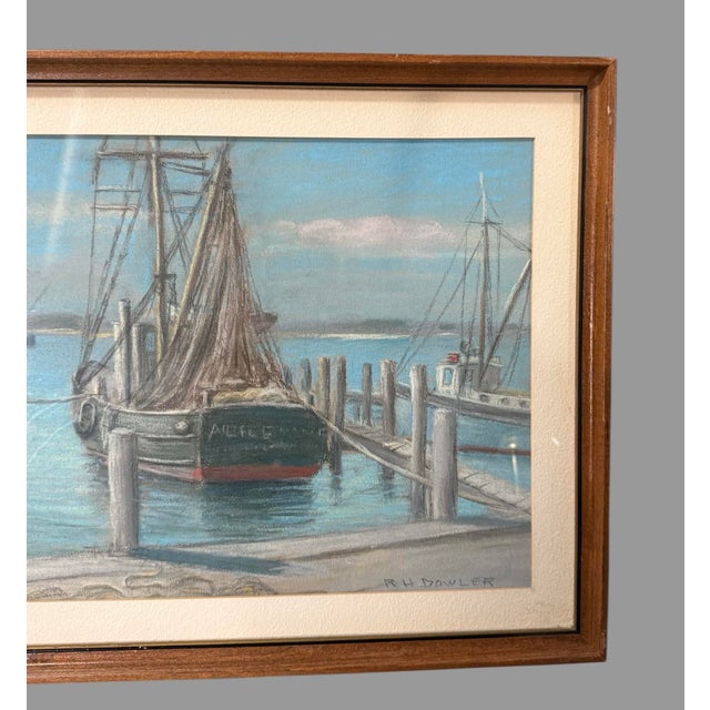 American Vintage Dockside Landscape Framed Pastel Watercolor Painting W Backside of Boat For Sale - Image 3 of 6