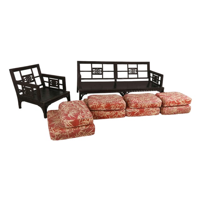 Vintage Chinese Chinoiserie Fretwork Sofa and Armchair Settee 2 Pieces For Sale