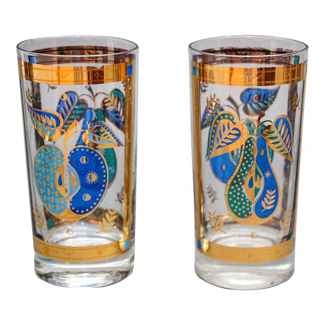 Georges Briard the Forbidden Fruit Pattern Turquoise and Gold Glasses Set of 2 For Sale
