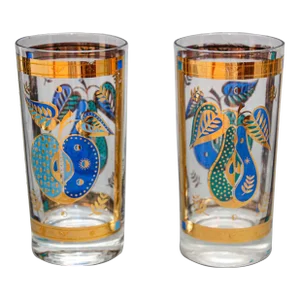Georges Briard the Forbidden Fruit Pattern Turquoise and Gold Glasses Set of 2