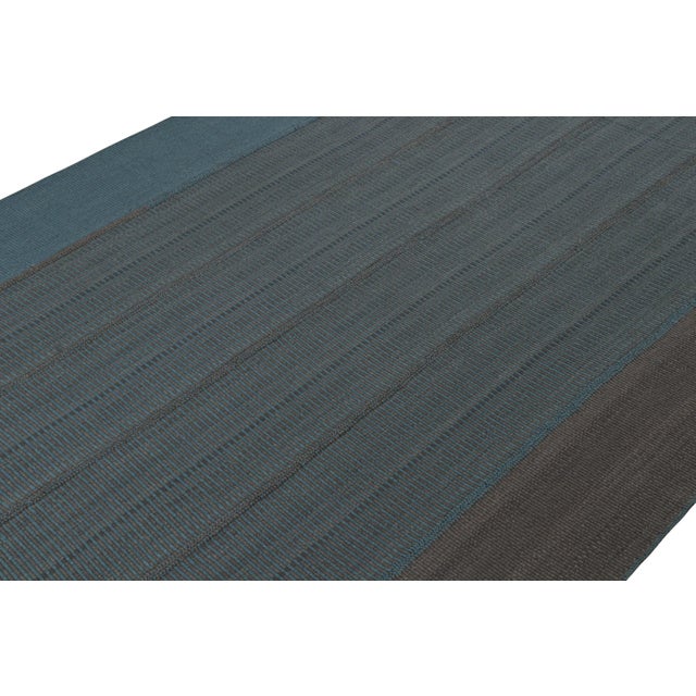 Rug & Kilim Rug & Kilim’s Contemporary Kilim in Blue With Gray Stripes and Brown Accents For Sale - Image 4 of 7