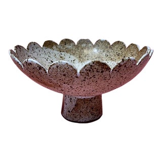 Ceramic Footed Fruit Bowl, Scallop Edge Speckled Stoneware No. 03 For Sale