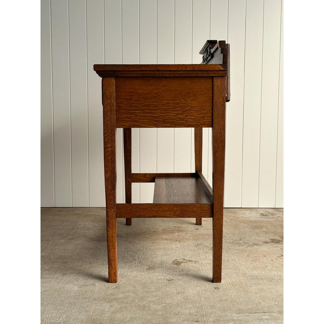 Antique Quarter Sawn Oak Console Table With Carved Gallery Back For Sale - Image 15 of 17