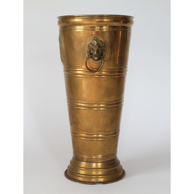 Vintage Brass Lion Head Umbrella Stand W/ Intricate Medallion For Sale - Image 4 of 13