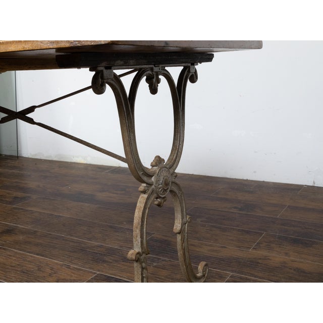 French 1900s Steel and Wood Console Table with Curving X-Form Legs and Stretcher For Sale - Image 4 of 12